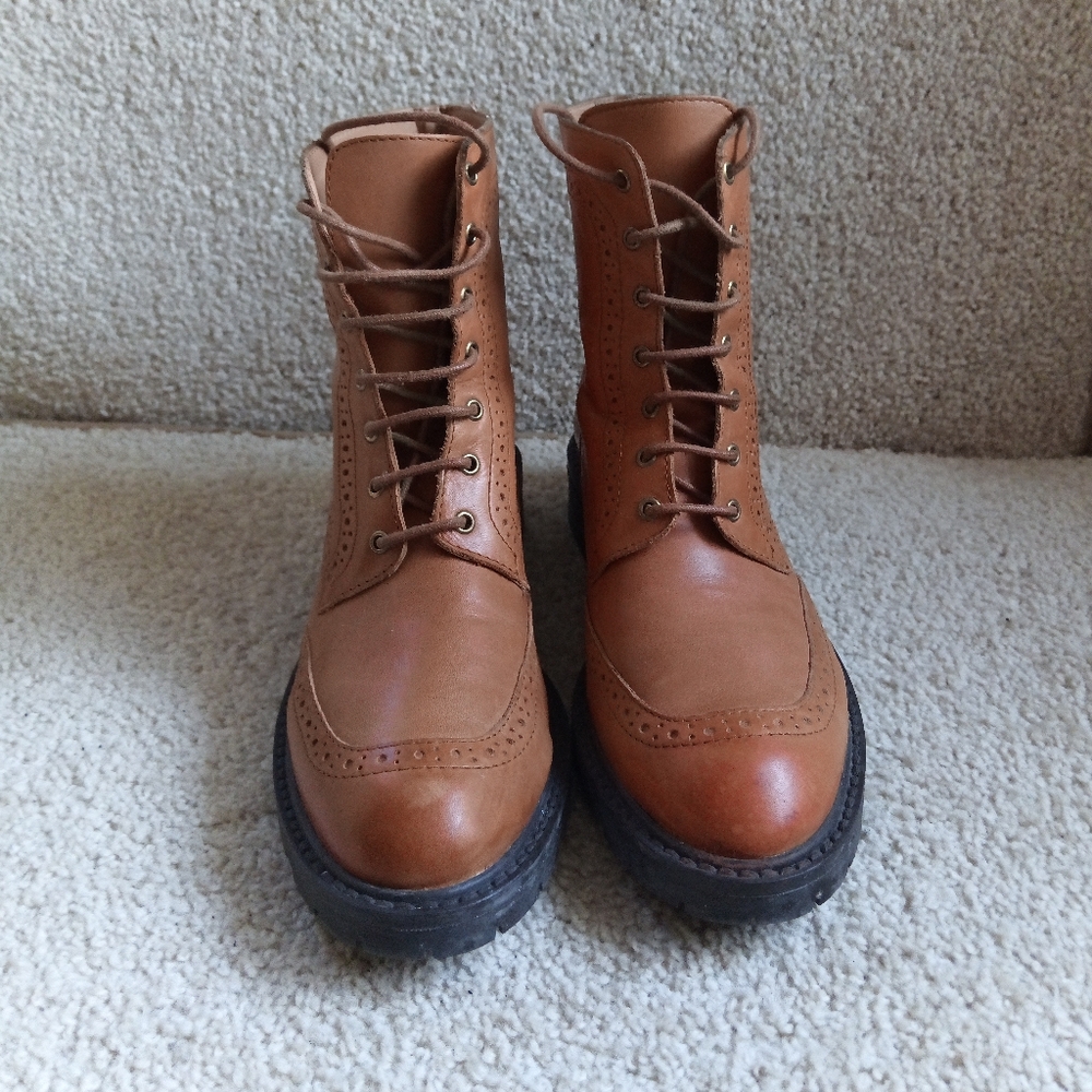 Like New Zara Women's Tan Leather Lace Up Ankle Boots - Picture 6 of 12